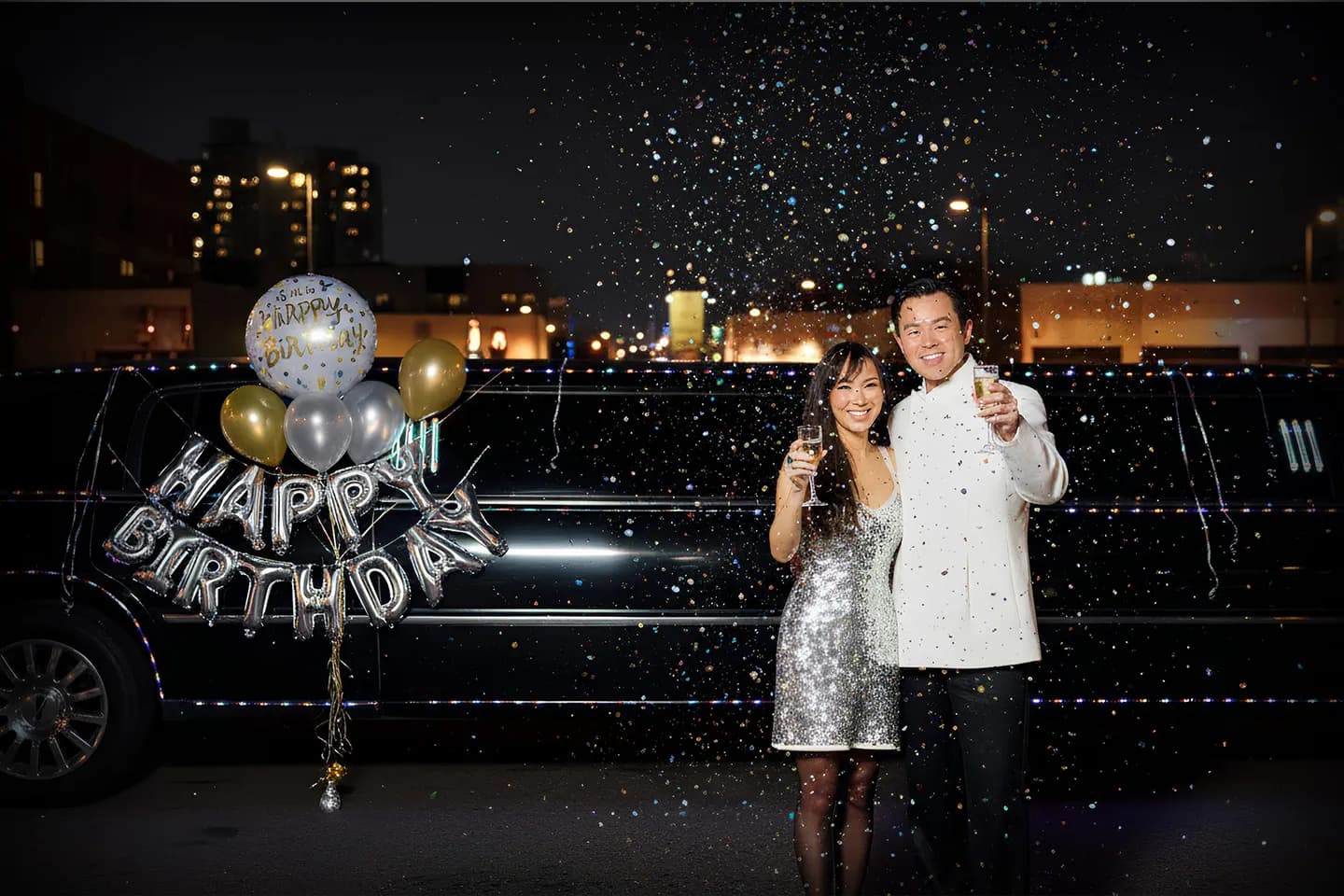 Stretch limousine decorated for birthday party in NYC with professional chauffeur