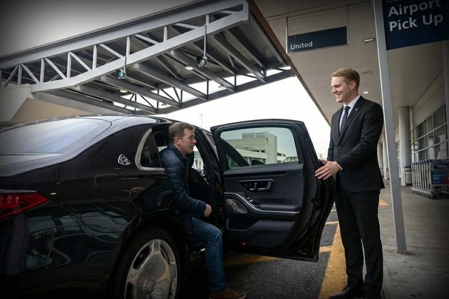 Luxury black car service for pickup and drop-off at Bradley International Airport, Connecticut