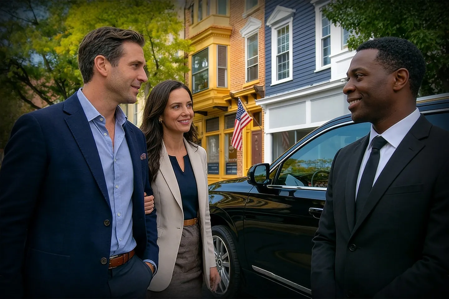 Luxury sedan from Franklin, NY Chauffeur Service parked outside airport terminal for client pickup