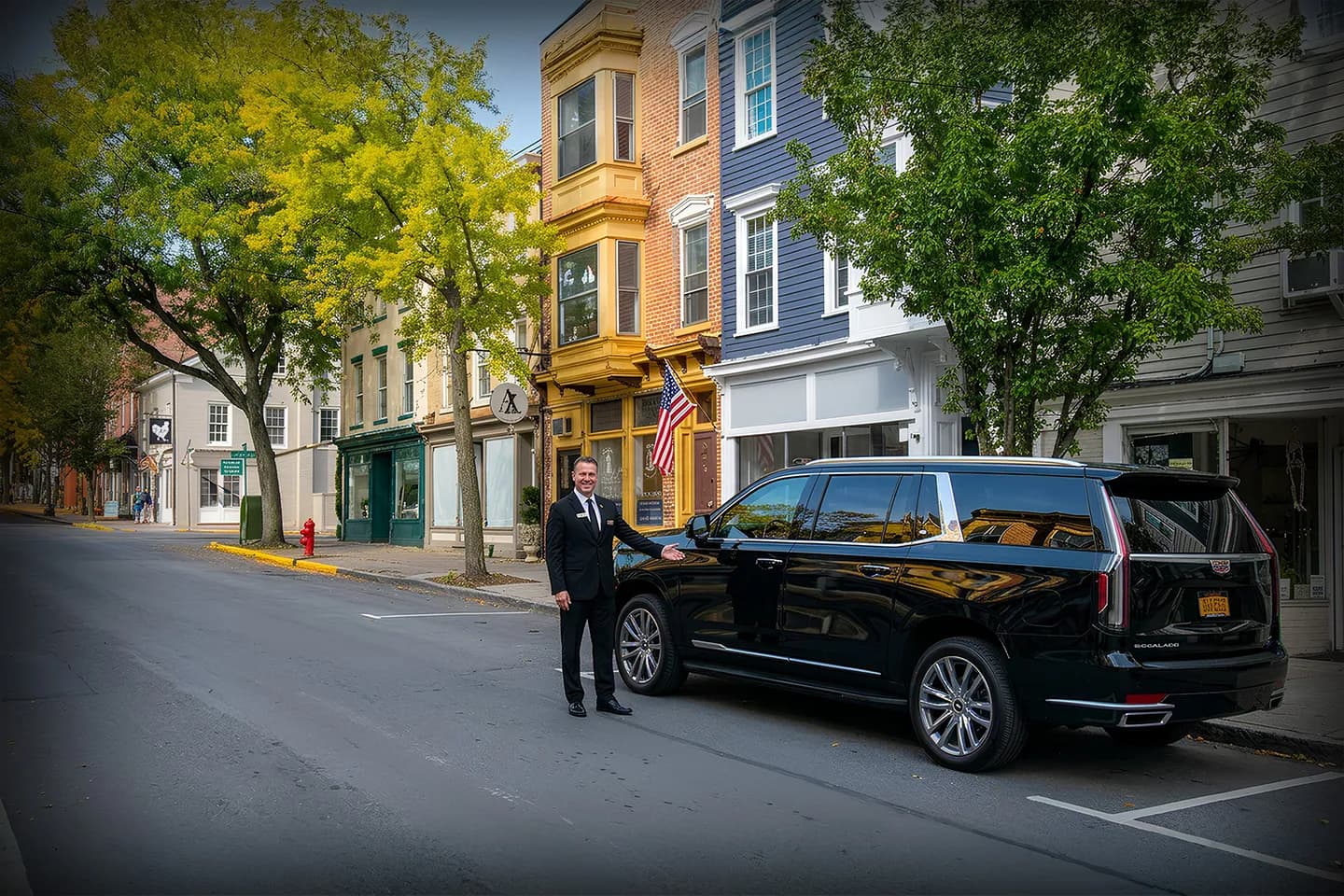 Wedding chauffeur service car in Franklin, NY with decorated luxury vehicle and professional driver