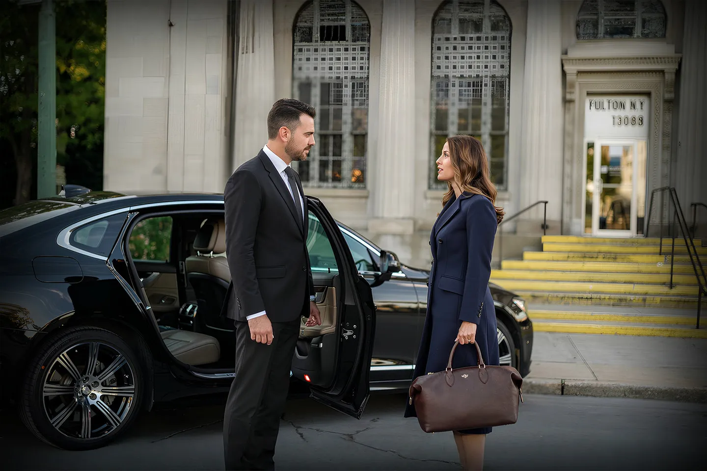 Luxury sedan from Fulton, NY Chauffeur Service parked outside upscale hotel with professional driver ready for pickup