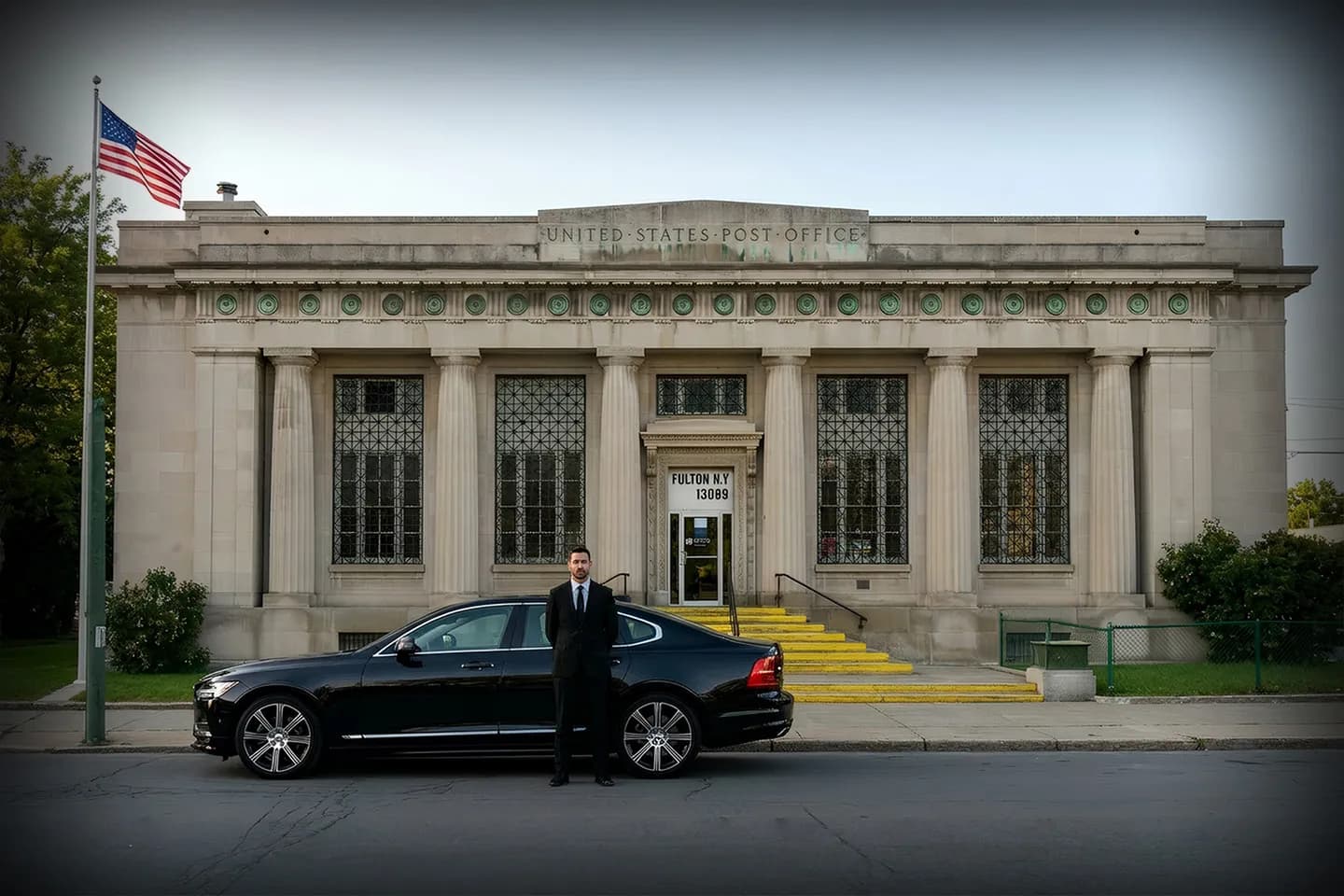 Wedding transportation by Fulton, NY chauffeur service featuring elegant luxury vehicle and uniformed driver