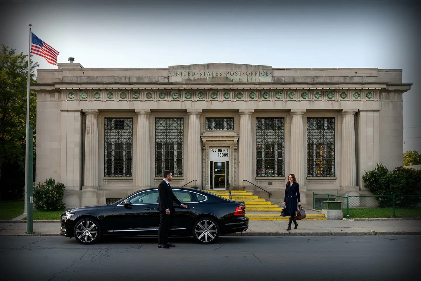 Executive black car from Fulton NY chauffeur service waiting at corporate office entrance