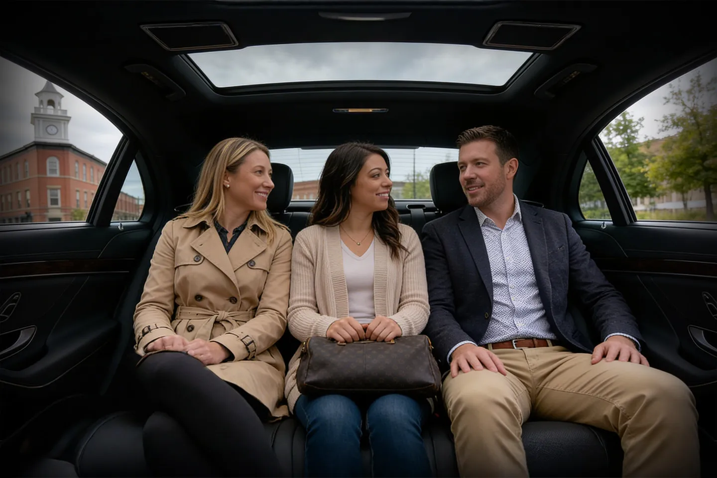 Business traveler using Madison NY Chauffeur Service sedan interior with leather seats and quiet ride