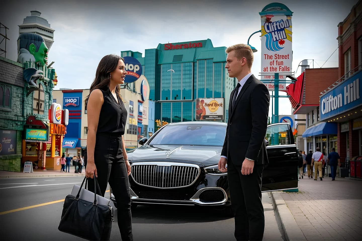 Professional chauffeur opening car door for passenger providing Niagara, NY Chauffeur Service luxury ride experience