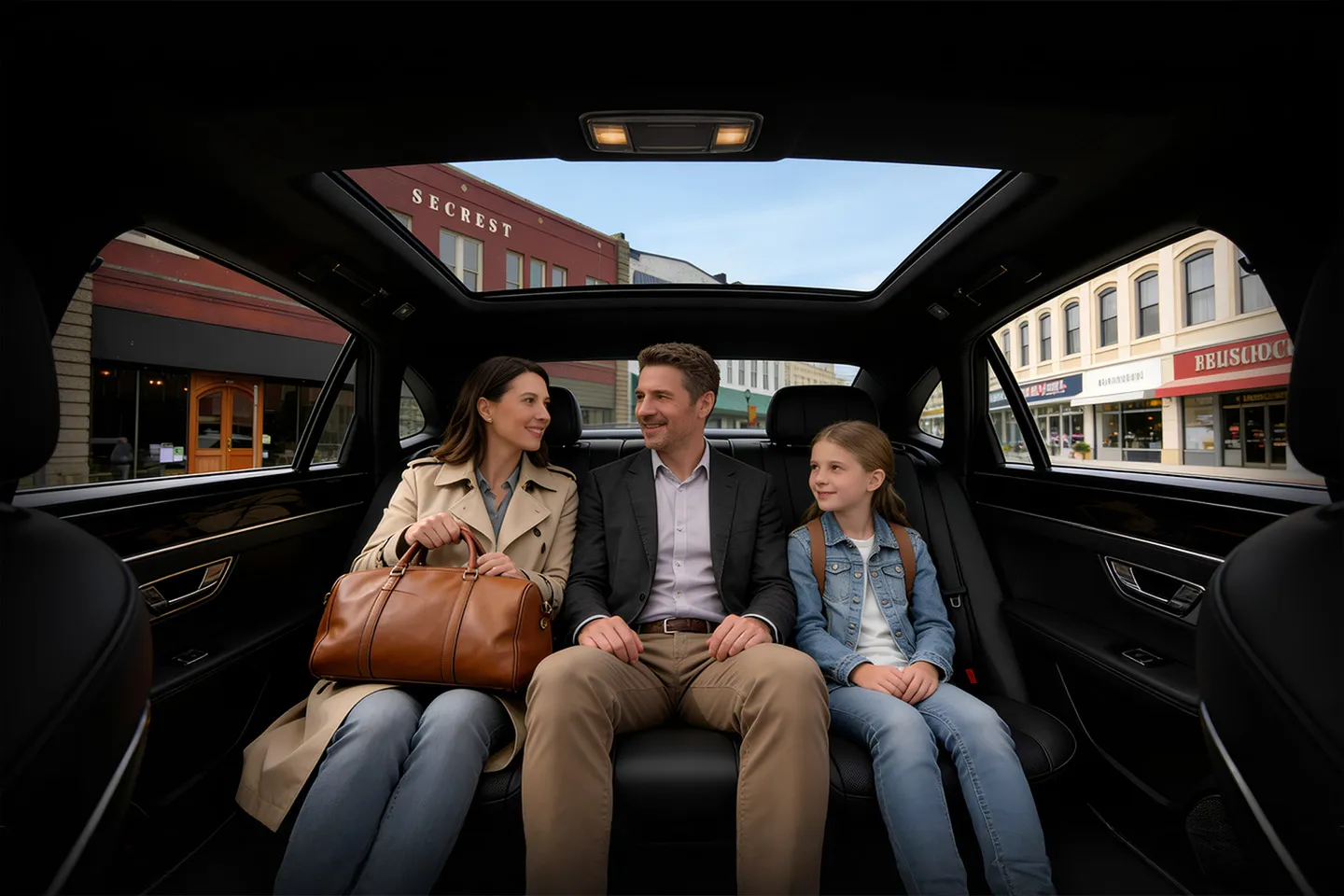 Monroe NY Chauffeur Service vehicle outside corporate building with driver waiting professionally