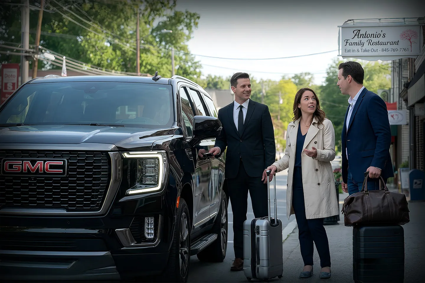 Montgomery, NY Chauffeur Service luxury black car with professional driver parked in downtown Montgomery