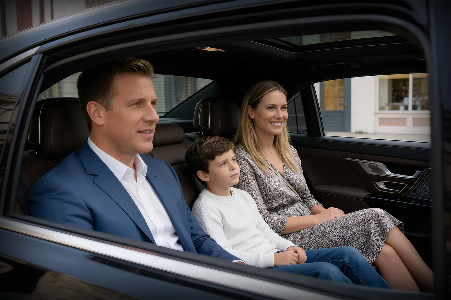 Airport pickup scene showing Orange NY Chauffeur Service driver assisting passenger with luggage