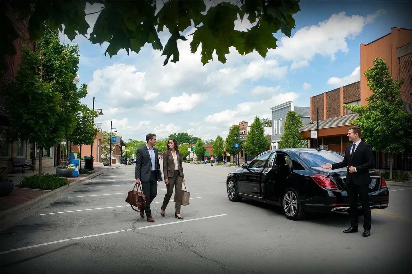 Luxury sedan from Oswego, NY Chauffeur Service parked near waterfront with professional driver ready for pickup