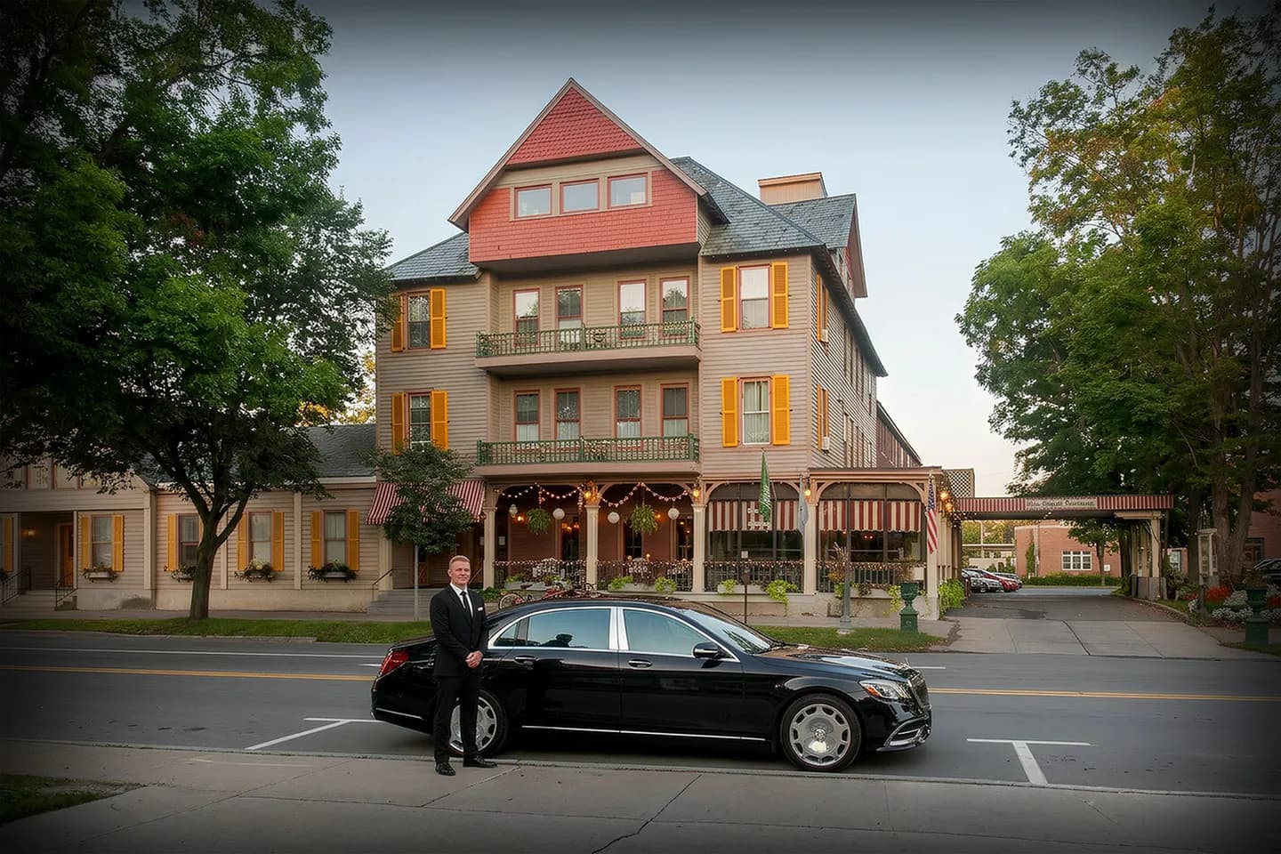 Chauffeur opening door for client using Saratoga, NY Chauffeur Service in Saratoga Springs business district