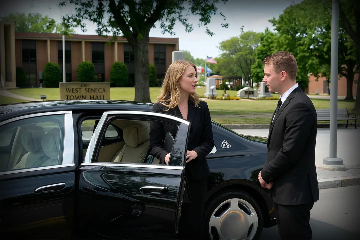 Professional chauffeur opening door for client using Seneca, NY Chauffeur Service at airport pickup area