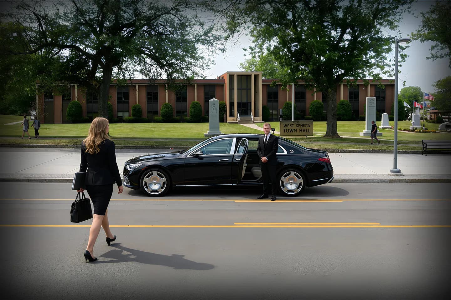 Business traveler using Seneca NY chauffeur service for reliable airport transfer with luggage assistance