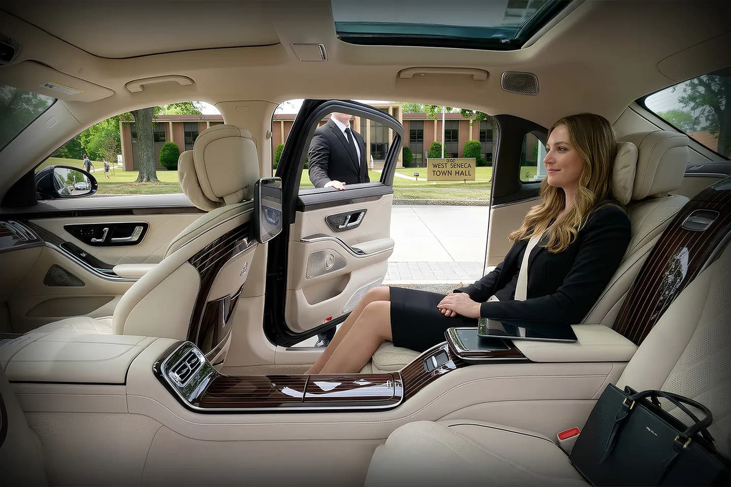 Seneca NY chauffeur service executive car interior showing clean leather seats and premium comfort features