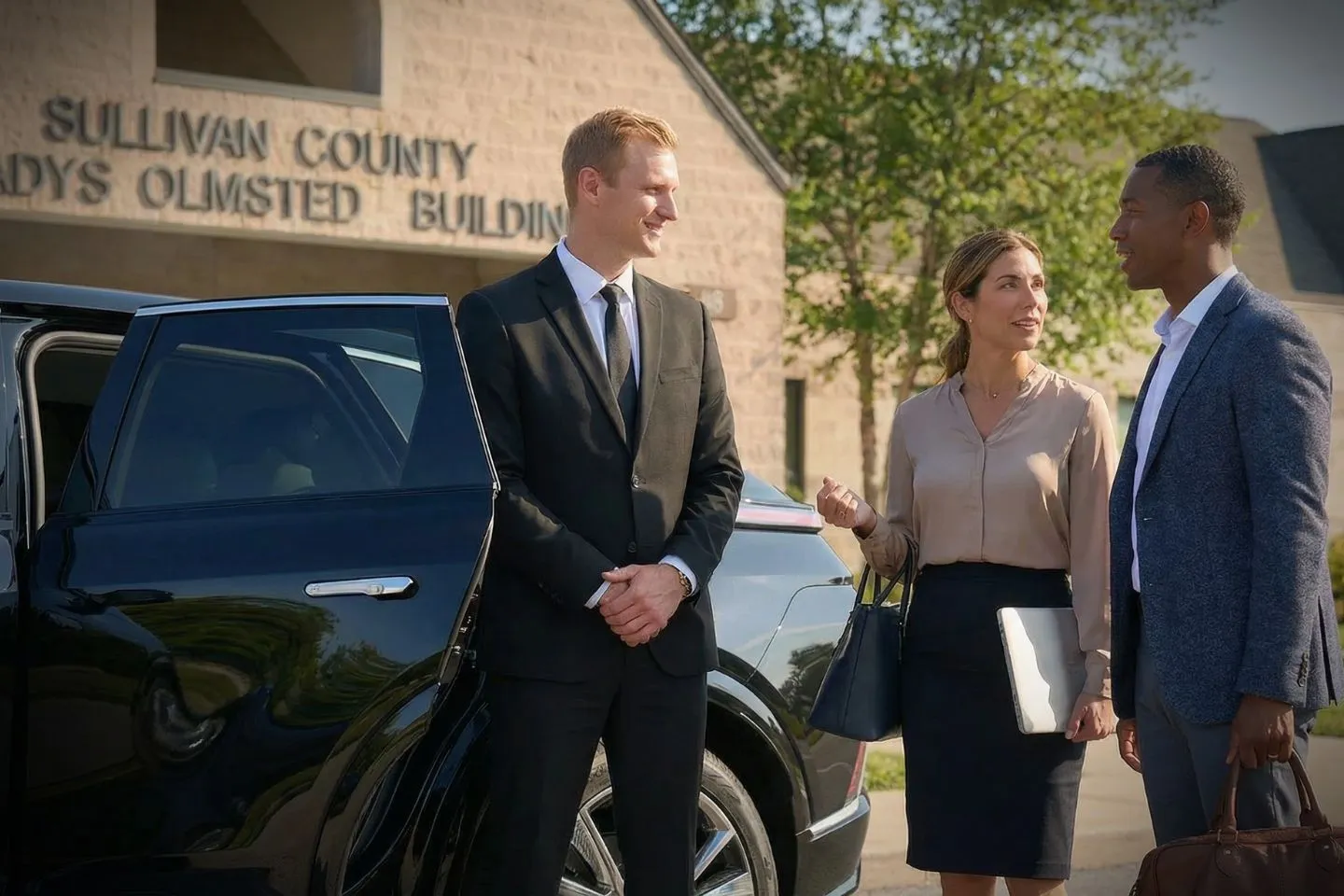 Black SUV from Sullivan NY chauffeur service at airport terminal for reliable pickup service