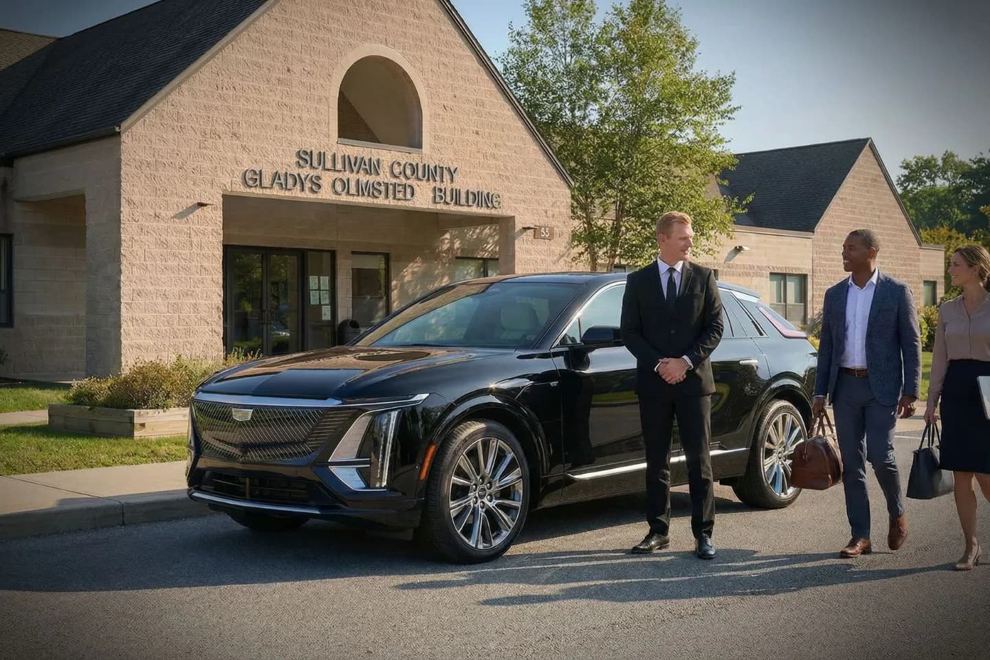 Professional chauffeur opening door for client using Sullivan, NY chauffeur service in downtown Sullivan