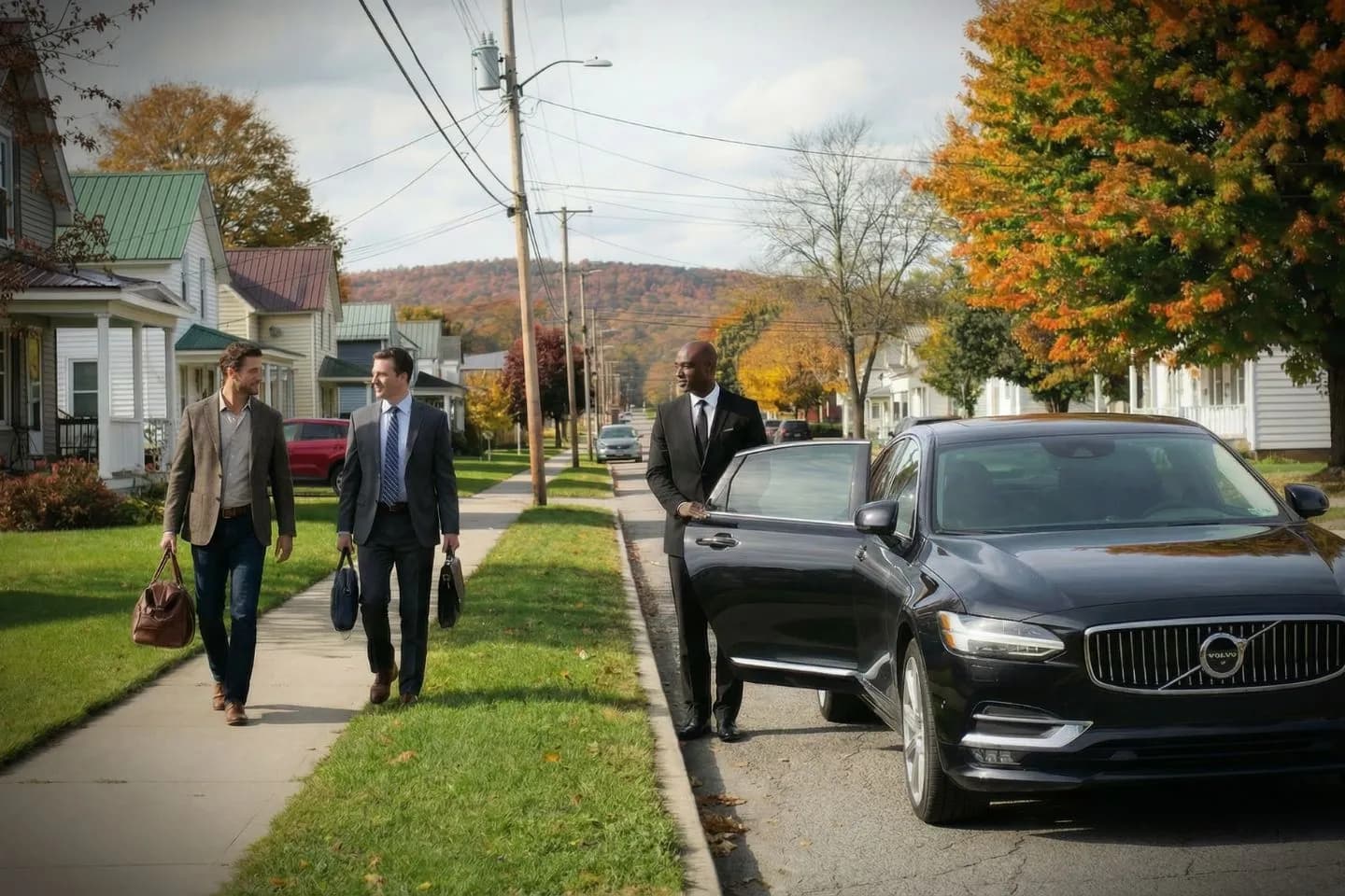 Corporate business traveler entering vehicle in Tompkins NY using Tompkins, NY Chauffeur Service for professional rides