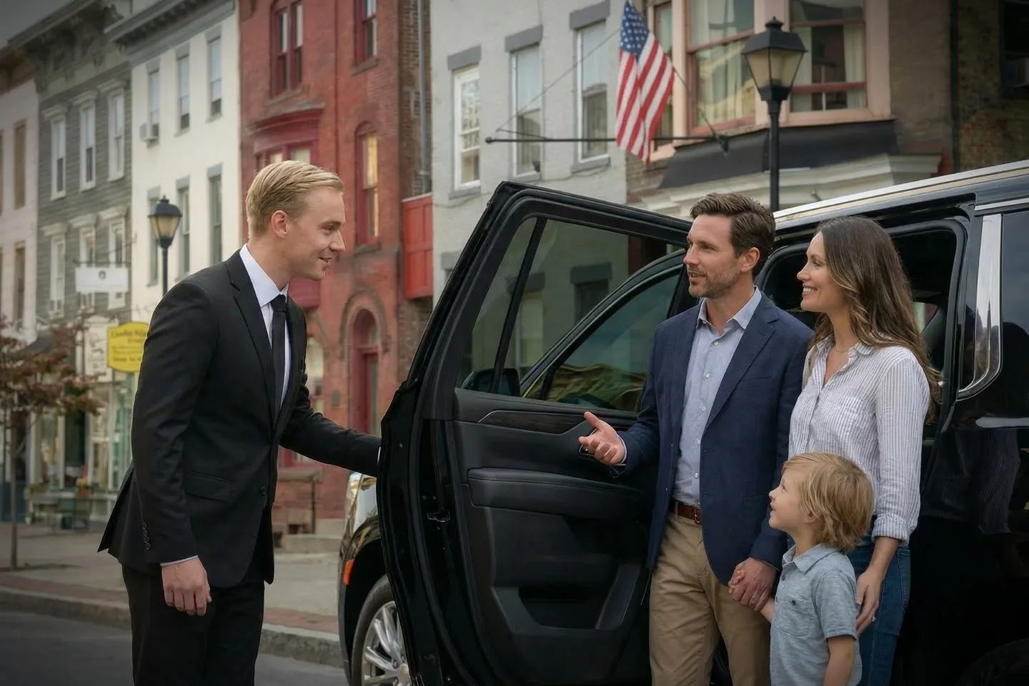 Airport pickup service in Warren NY with driver holding sign Warren, NY Chauffeur Service reliable transportation