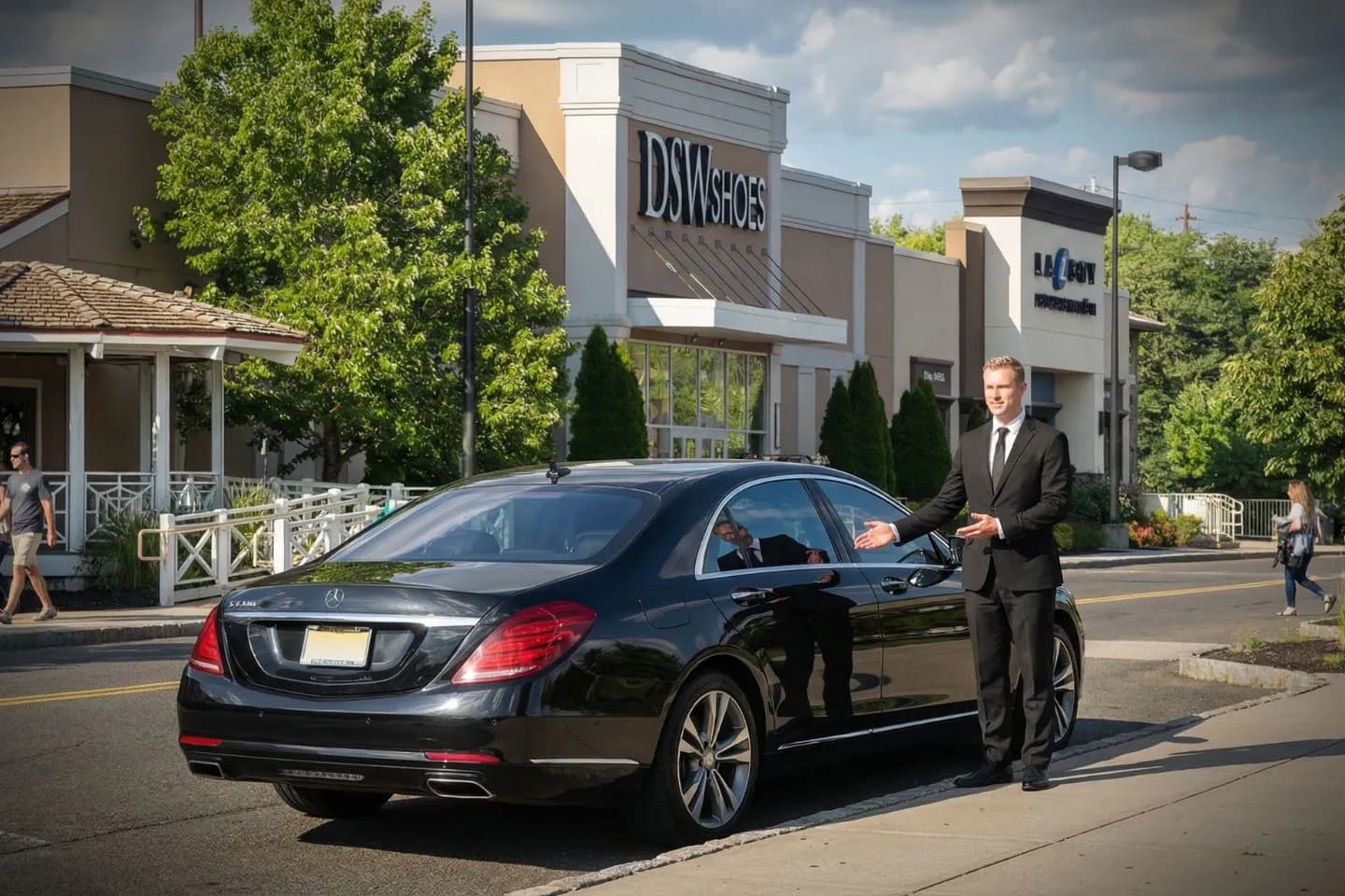 Professional chauffeur opening door for client in Wayne NY luxury car service setting
