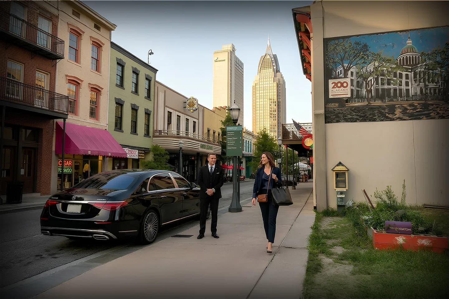 Professional driver opening door for client using Alabama car service in city setting