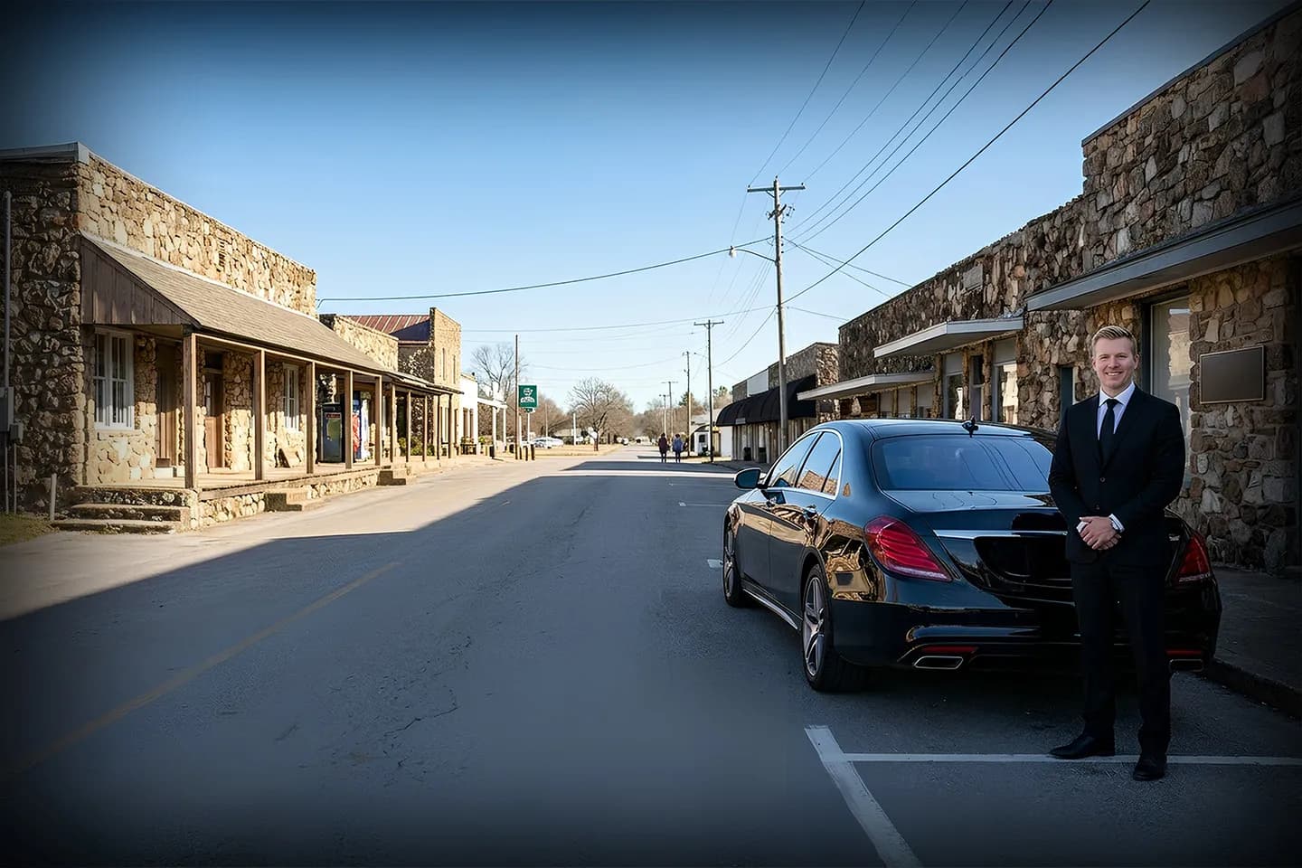 Night city ride Arkansas AR Car Service premium vehicle with city lights in Arkansas streets