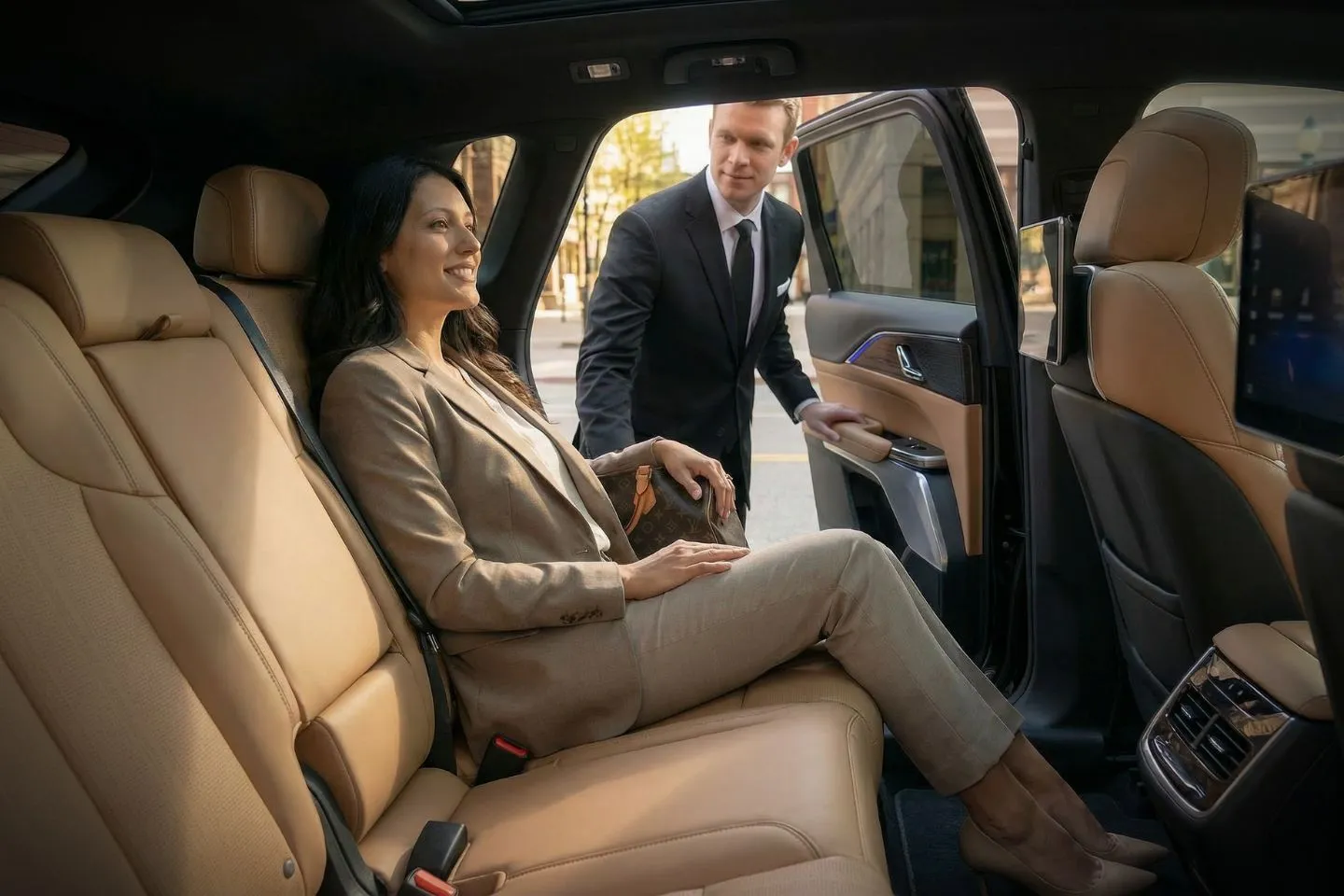 Iowa, IA Car Service luxury sedan with chauffeur assisting passenger outside downtown Des Moines hotel