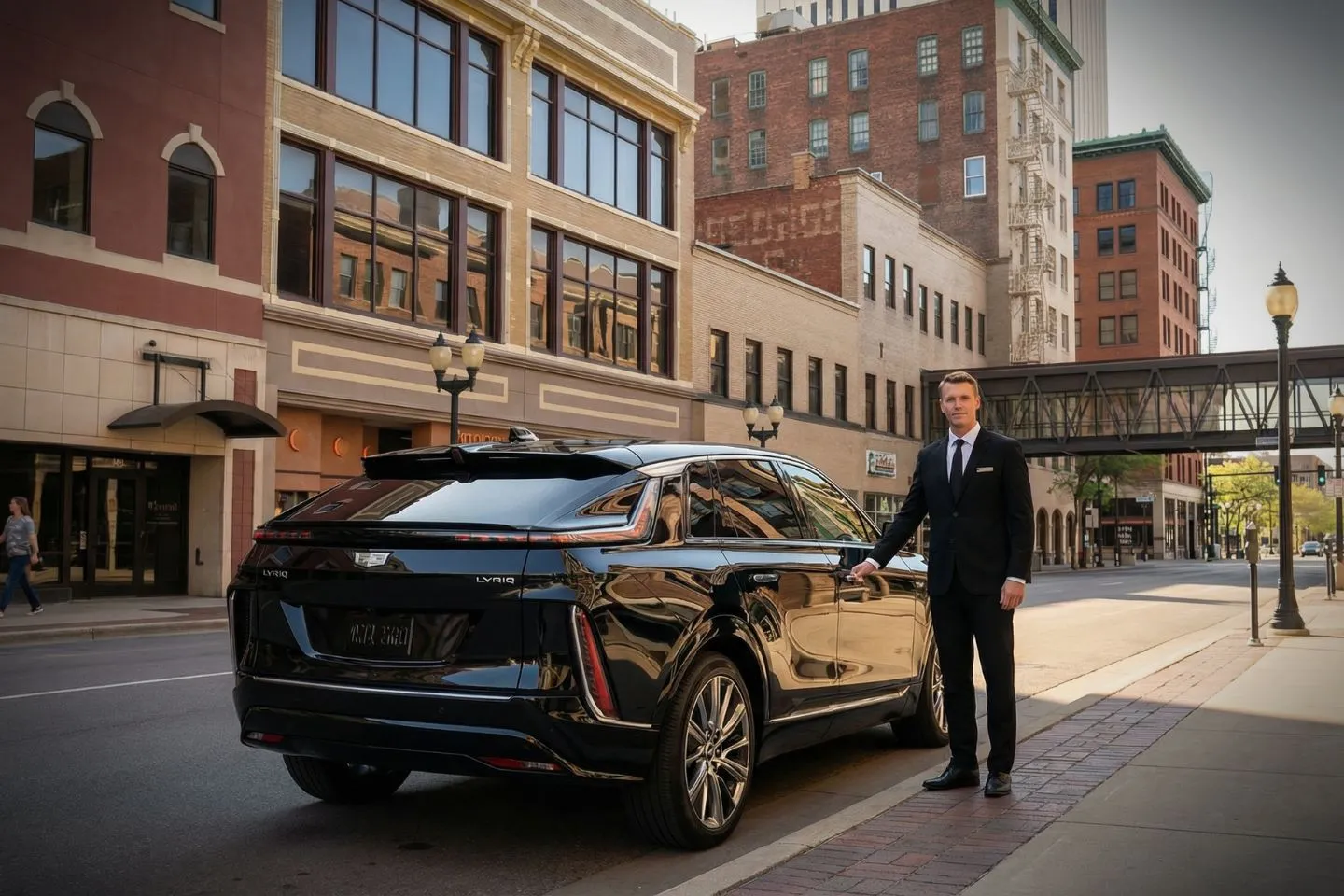 Chauffeur driving client in Iowa IA Car Service through city streets with clean interior view