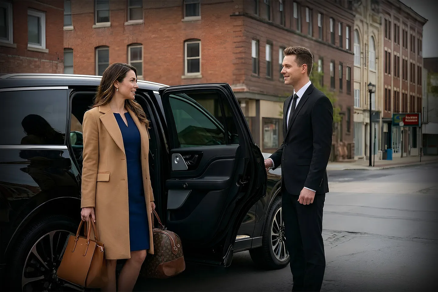 Chauffeur Service in Herkimer, NY Herkimer, NY Chauffeur Service luxury black sedan parked downtown with professional driver