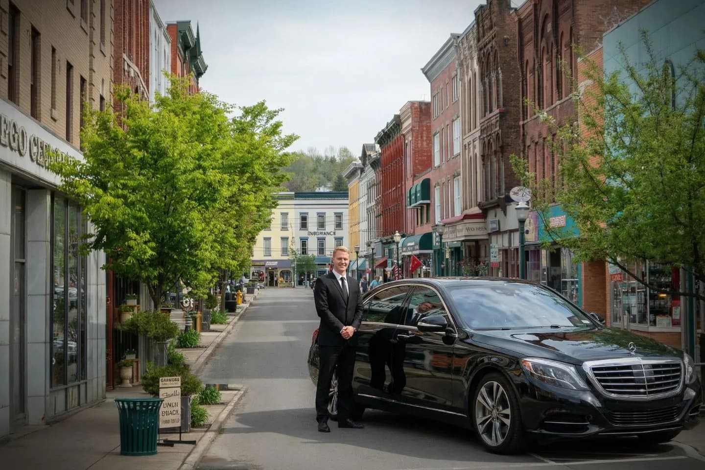 Chauffeur Service in Tioga, NY Private chauffeur car waiting in Tioga NY street for Tioga, NY Chauffeur Service business travel pickup
