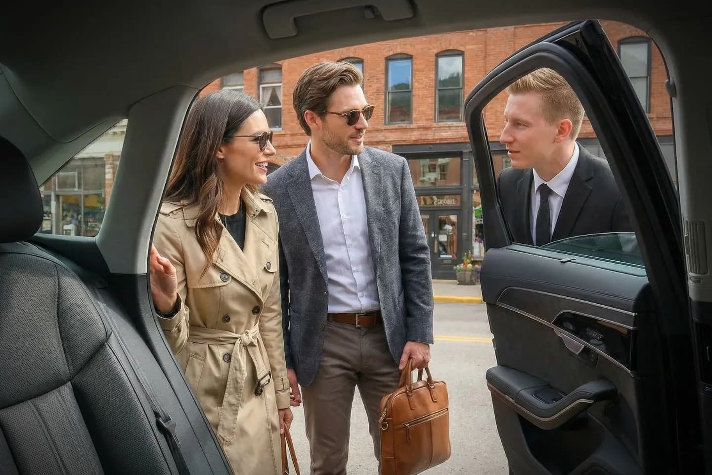 Car Service in Idaho, ID Executive Idaho car service driver assisting passenger with luggage outside hotel